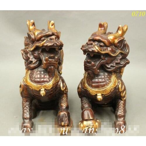Folk Chinese FengShui Bronze Gilt Exorcise Dragon Kylin Wing Beast Statue Pair