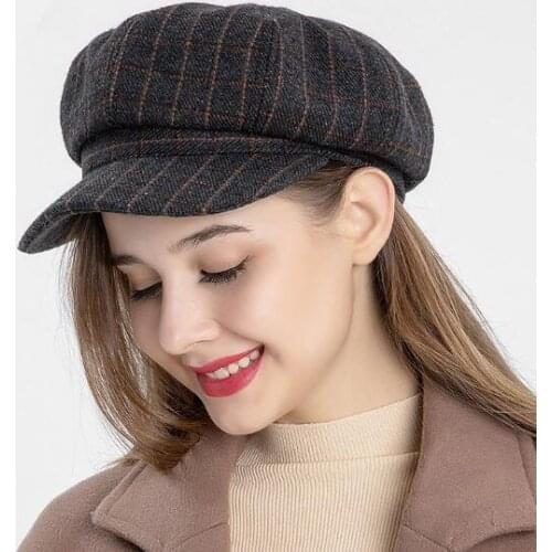 Newsboy Cap for Women Plaid Woolen British Vintage Baker Boy Cap Casual Painter Black Gray Khaki Flat Cap