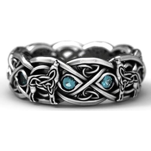Celtic Wolf Zircon Ring Wolf Totem 925 Silver Dyed Black Ring Vintage Stone Thai Silver Ring Size 6-13