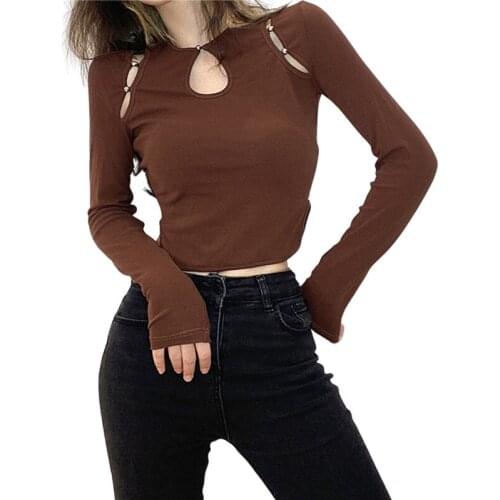 Spring Autumn Women Cut Out Slim Crop Tops Round Neck Button Connected Long Sleeves Brown T Shirt Tops