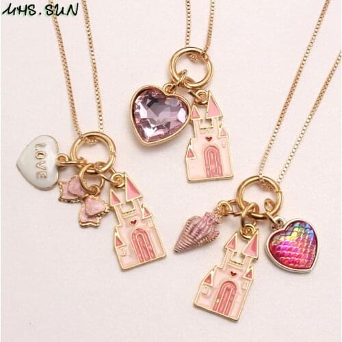 MHS.SUN 1PC Kids Baby DIY Jewelry Gold Color Princess Castle/Heart Pendant Necklace Chain Choker For Girls Christmas Gift