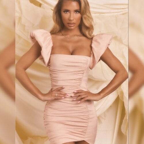 High Quality Summer Party Mini Dress Pink Puff Sleeve Square Collar Draped Slim Fashion Night Club Party Dress Vintage