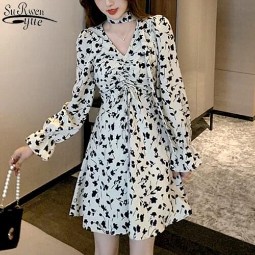 Fashion Women Chiffon Dress 2021 Spring New Korean Style Retro Floral Long Sleeve Chiffon Mini Dress Women Vestido 13075