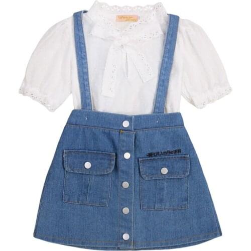 Fashion 2Pieces Kids Suit Set, Girls Lace Trim Stand Collar Elbow Sleeve Shirt+ Suspender Skirt for Summer, 2-10 Years