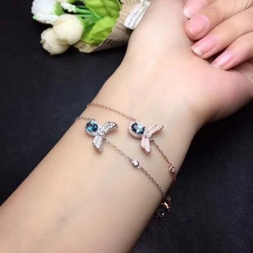 Natural blue topaz gem Bracelet Natural gemstone bracelet S925 silver fashion Lovely Dragonfly women girl fine gift jewelry