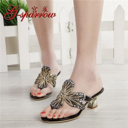 2018 Spring And Summer New Diamonds Sandals Female Beaded Bohemian Thick Diamond Shoes Ladies High Heel Slippers