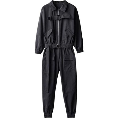 Autumn Overalls Men Jumpsuit Lapel Long Sleeve Zipper Beam Feet Loose Streetwear Fashion Clothing Cargo Pants Black Trousers