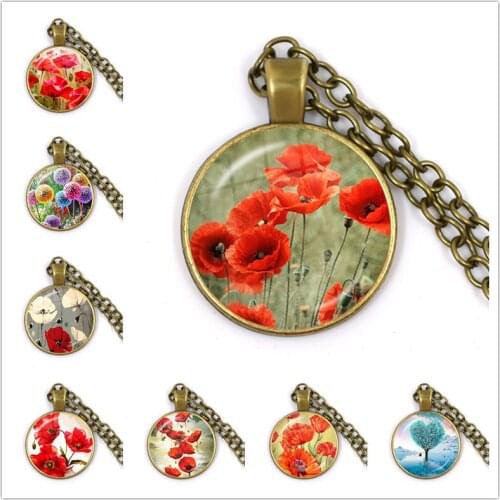 Retro Poppy Flowers Pattern Bronze Color Neacklaces Glass Cabochon Pendant Necklace Jewelry Simple Style Charm Gift