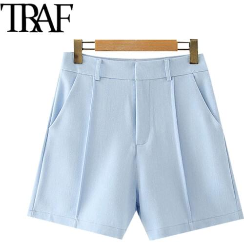 TRAF Women Chic Fashion Office Wear Side Pockets Straight Shorts Vintage High Waist Zipper Fly Female Short Pants Mujer