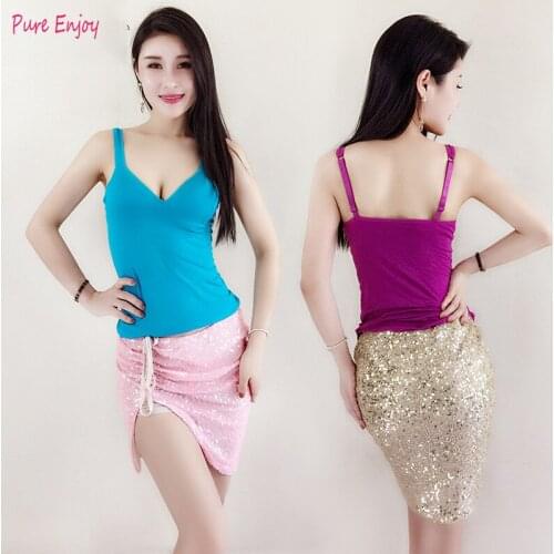 Belly dance new practice clothes suit summer sequin short skirt package hip lace tube top dance sexy set