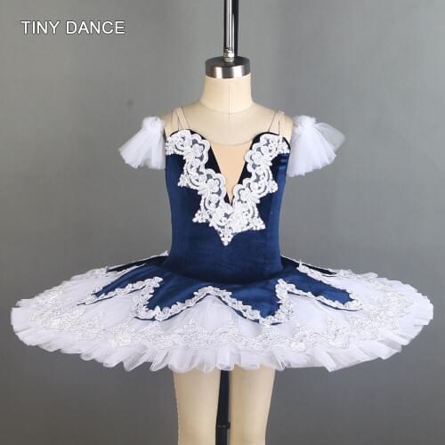 Navy Blue Velvet Bodice with Layers of White Pleated Tulle Ballet Dance Costume Pancake Tutu with Soft Tulle Arm Bands BLL114