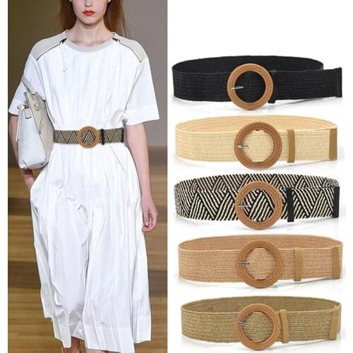 Women Braided Elastic Belt Round Square Wooden Buckle Vintage Bohe Straw Buckle Belt Women Knitted Belt Dress Belt