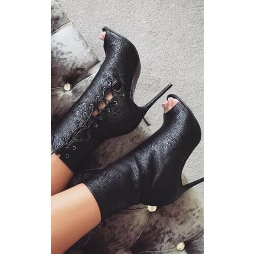 Sestito 2019 New Design Women Sexy Black Side Lace-up Thigh High Heels Gladiator Sandals Boots Girls Peep Toe PU Ankle Boots