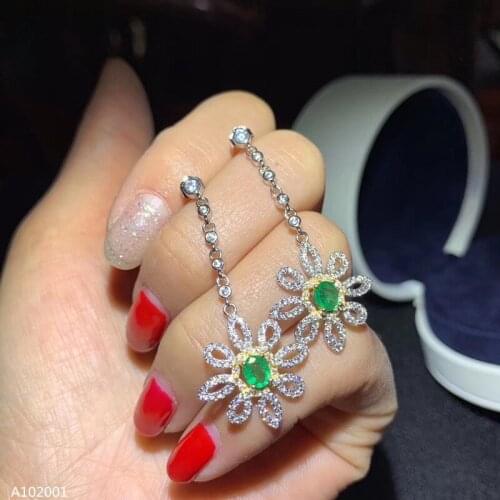 KJJEAXCMY boutique jewelry S925 sterling silver inlaid natural emerald female earrings ear jewelry chrysanthemum support detecti