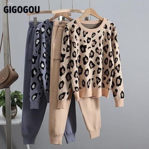 GIGOGOU Autumn Leopard Knitted Women Sets Long Sleeve 2 Piece Set Womens Tracksuit Drawstring Harem Pants Knitted Trouser Suits