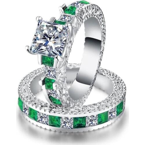 Brand New Luxury Jewelry 925 Sterling Silver Couple Rings Princess Cut Emerald Birthstones Women Wedding Bridal Ring Set Gift
