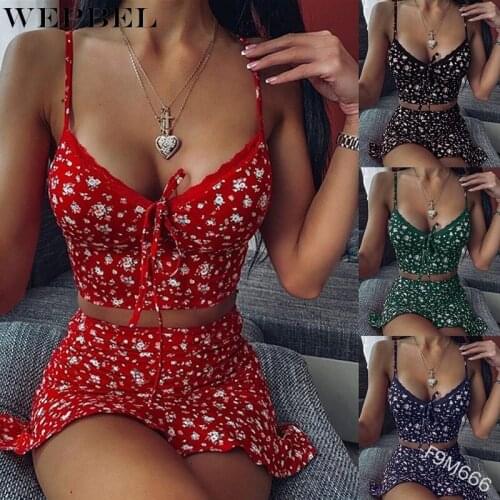 WEPBEL Women Sexy Sling Dress Summer Deep V-Neck Floral Print Dress Fashion Crop Tops and Mini Skirt Two Piece Set Outfit Dress