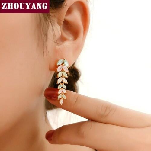 ZHOUYANG Drop Earring For Women Multi Color Crystal Leaf Shaped Yellow Gold Color Birthday Party Gift Fashion Jewelry E067