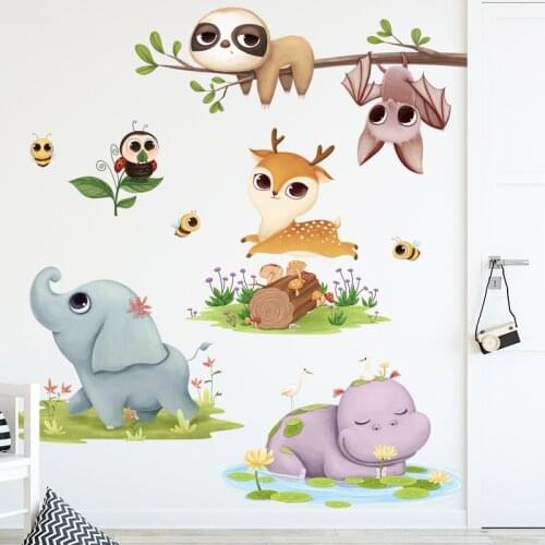 Zollor Cute Animal Elephant Hippo Deer Bat Wall Sticker Childrens room Kindergarten Creative Decoration Stickers Removable