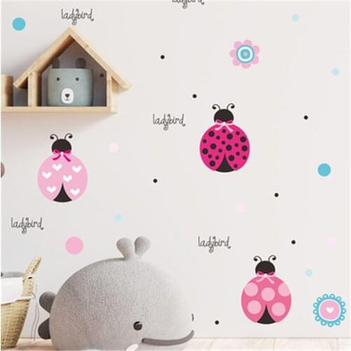 1Pcs Cartoon Pink Little Ladybug Flower DIY Wall Sticker For Kids Bedroom Kindergarten Beautification Wall Paper Home Decor