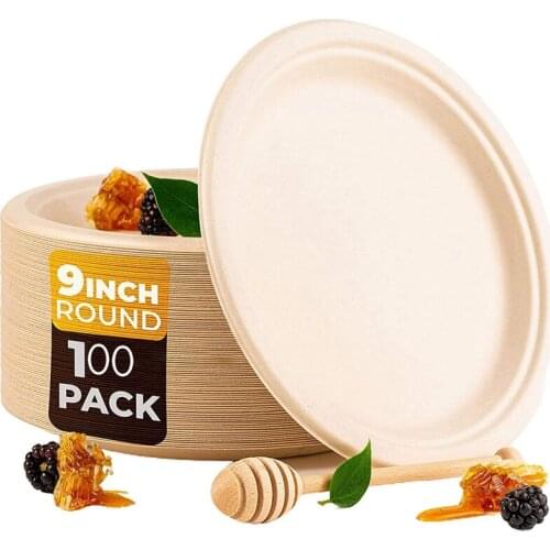 100 Pack 9in Compostable Disposable Round Bagasse Paper Plates,Biodegradable Sugarcane Fibre