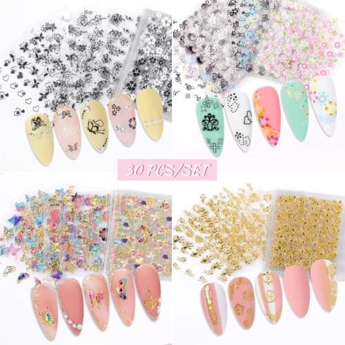 30/10 Sheets 3D Nail Art Stickers Mix Color Letter Flowers Butterfly Design Nail Tips Decoration Manicure DIY Nail Designs