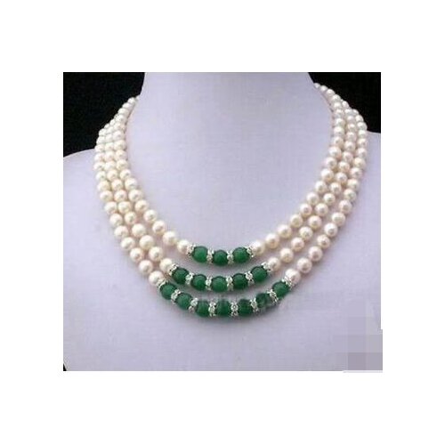 Free shipping 3 Rows 7-8MM White Akoya Pearl & green jade Necklace