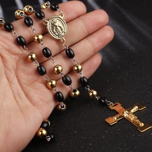 Men,Womens Stainless Steel Pendant Necklace Gold Tone Black Virgin Mary Jesus Christ Crucifix Cross Rosary 27 Inch Chain