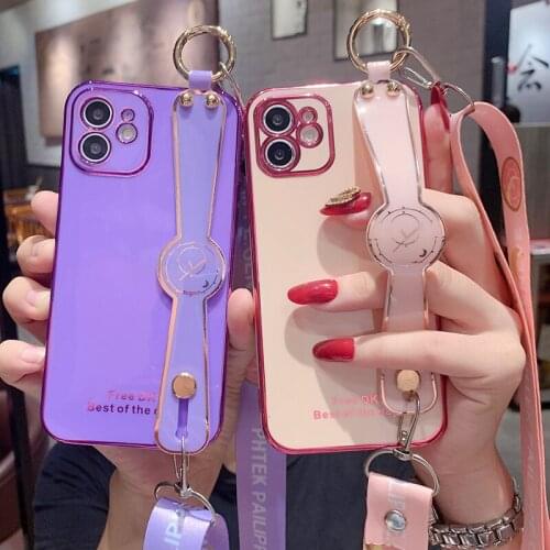 For iphone 12 11 Pro Max X Xs Max XR SE 2020 6 6S 7 8 plus Luxury Crossbody Electroplate Wrist Strap Lanyard Holder Phone Case