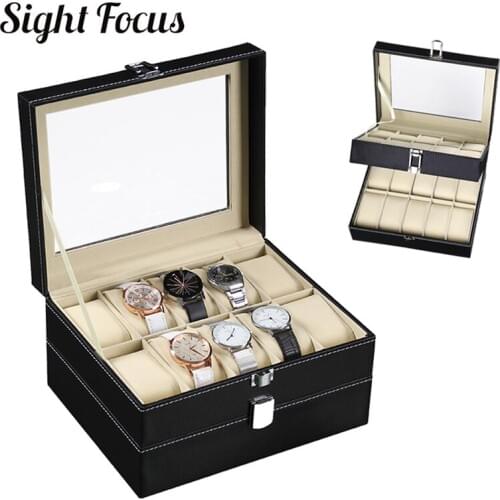 Black PU Leather 20 Slot Watch Organizer Box With Removable Pillow Watch Display Storage Case Box With Lock Watch Holder Boxes