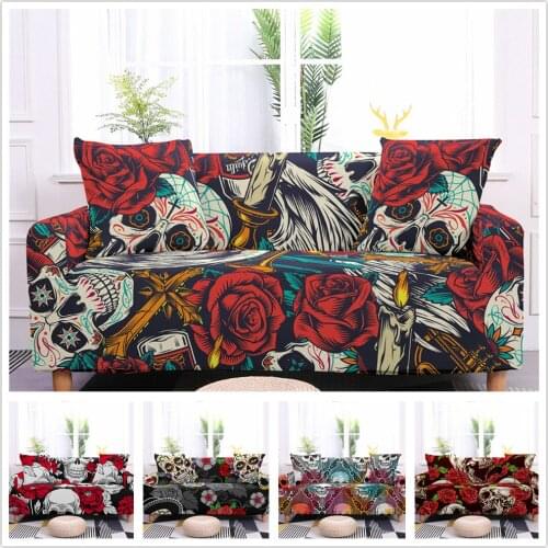Skull Flower Stretch Slipcover Furniture Protector Spandex Loveseat Sofa Covers Elastic Couch Cover 1/2/3/4-Seat Arm Chair Cover