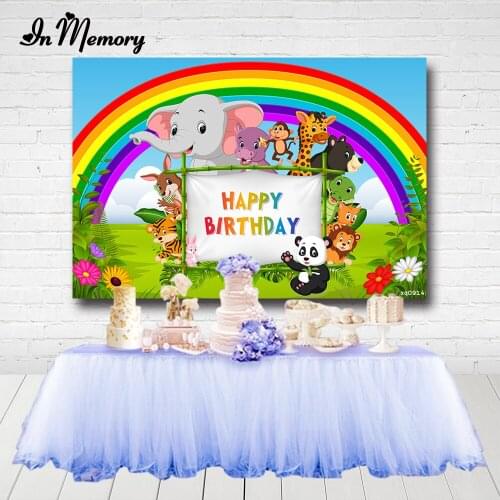 InMemory Animals Safari Jungle Party Backdrops Big Rainbow Green Grassland Kids Birthday Photography Backgrounds Cartoon