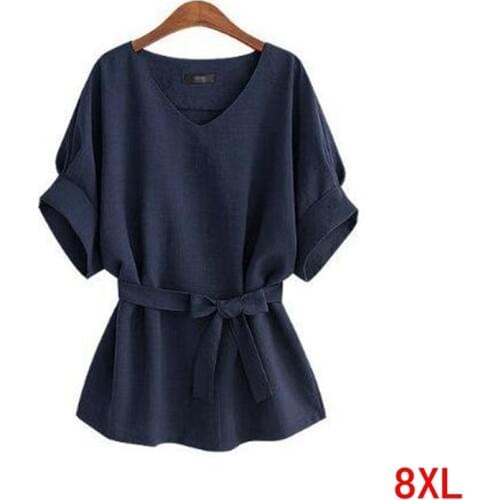 Large size womens T-shirt cotton and linen plus size 5XL 6XL 7XL 8XL summer V-neck short-sleeved loose belt blue T-shirt top