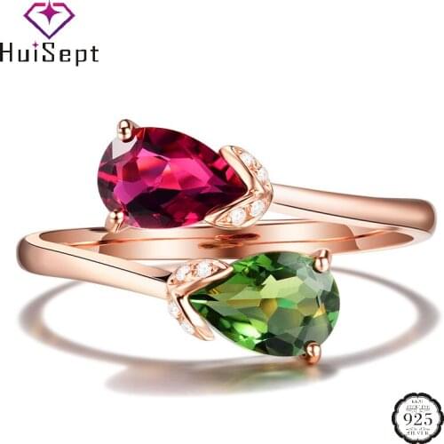 HuiSept Elegant 925 Silver Women Ring Jewelry Water Drop Shape Ruby Emerald Zircon Gemstone Ornament Rings for Wedding Wholesale