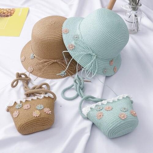 Cute Daisy Flower Summer Kids Sun Hats weaving Crochet Cross Bag Beach hats Wide Brim Straw Floppy Loli Vintage Bucket Cap H4