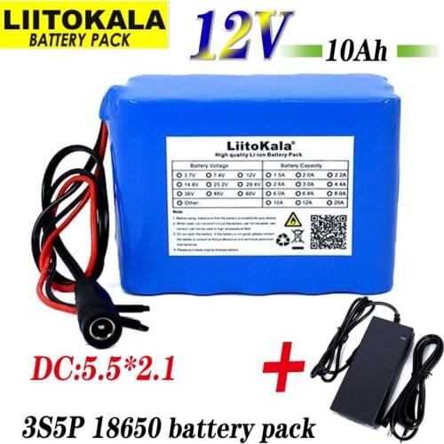 Liitokala Protection 12V 10ah 18650 lithium Rechargeable battery 12v 10000mAh for Monitor emergency lights +12.6v 3A Charger
