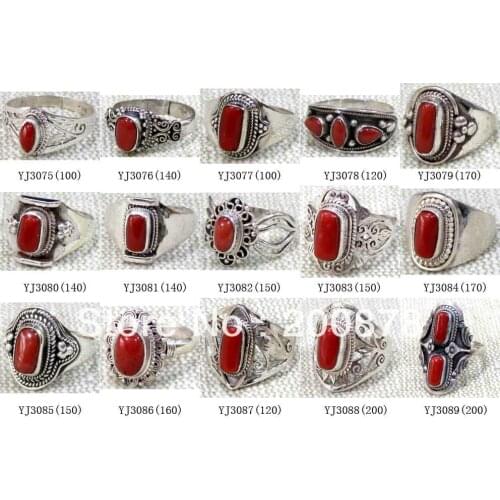 Mix Wholesale 10PCS Tibetan Jewelry Rings 925 Silver Inlay Natural Baboo Coral Rings for Man and Woman