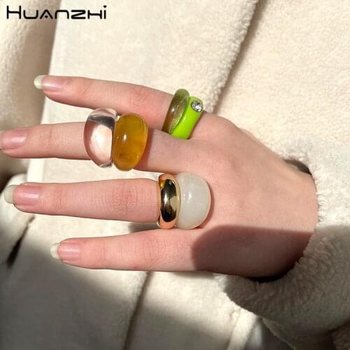 HUANZHI 2021 New 2pcs/Set Minimalist Colorful Transparent Resin Geometric Gold Color Metal Rings Set for Women Girls Jewelry