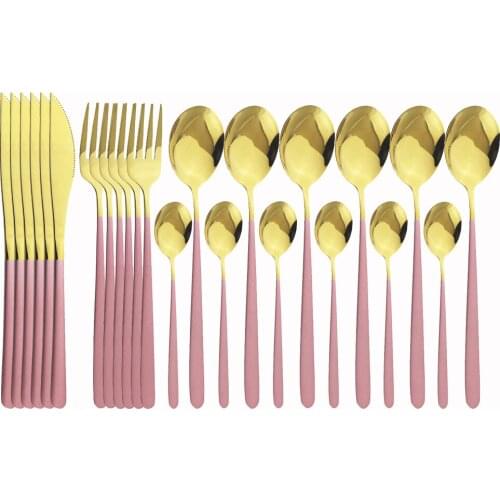 24Pcs/Set Pink Gold Cutlery Set Knife Fork Spoon Dinner Set Mirror Flatware Dinnerware Set 18/10 Stainless Steel Tableware Set