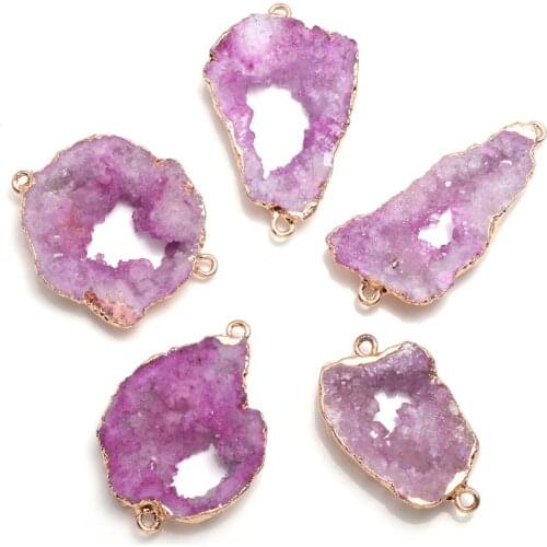 Natural Druzy Agates Pendant Connectors Irregular Gold Plated Double Hole Connectors for DIY Jewelry Making