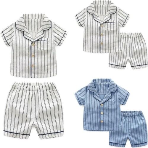 PUDCOCO Newest Kid Boys Summer Cotton Striped Pajamas Homewear Children Loungewear Sleepwear Sets Nightgown 2-7T