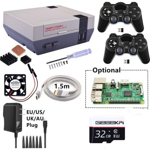 New NESPi Case+ Plus Kit with 2 Pcs 2.4GHz Wireless Gamepads+Optional 32G Micro SD Card+Optional Raspberry Pi 3 Board