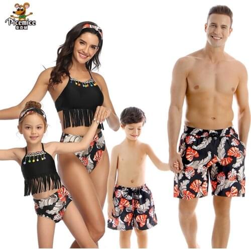Family Matching Swimwear Leaf Print Swimsuit Mother Daughter Bikini Dad Son Swim Trunks Women Girl Outfits Men Boy Beach Shorts
