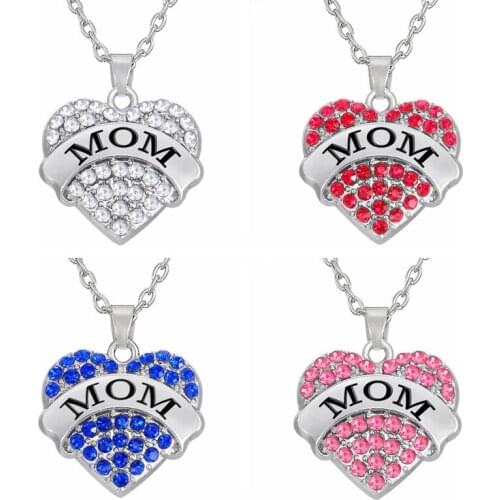 4 Color MOM Rhinestone Heart Pendant Family Member Necklace Women Jewelry Accessories Love Gifts For Mother 5pcs/lot Wholesale
