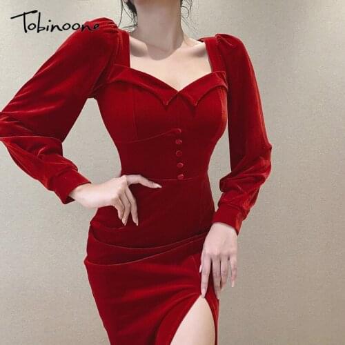 Tobinoone New Autumn Winter Velvet Dress Solid Elegant Casual Square Collar midi Dress Sexy Club Long Sleeve Bodycon Party Dress
