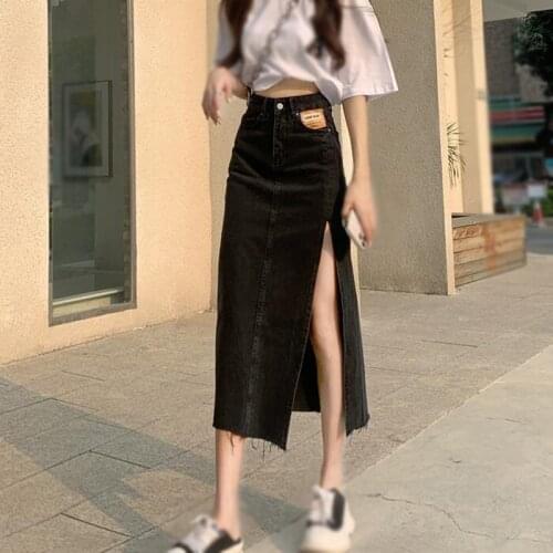 Vintage Design Side Split Mid Long Skirt Women Summer High Waist A-Line Buttock Denim Skirt