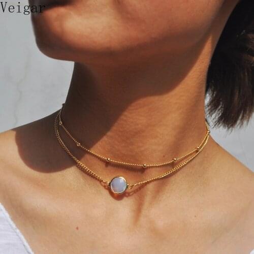 Gold Color Simple Crystal Pendant Chocker Necklace Double Chains Beads Necklaces for Women Fashion Jewelry Collier Ras Du Cou