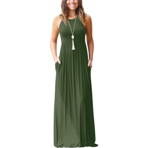 Women Summer Dress Sleeveless Jacket Tunic Maxi Dress Army Green Boho Elegant Beach Dress Fashion Evening Party Dress 2020 New