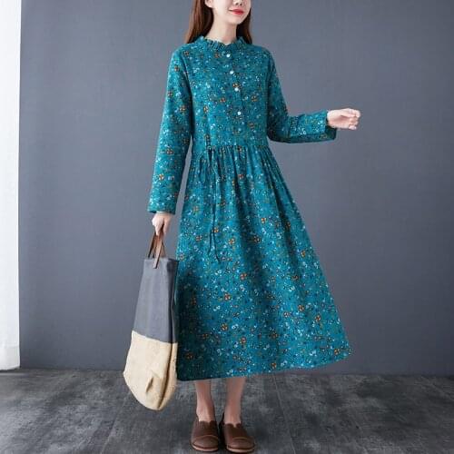 2021 New Arrival Print Floral Long Sleeve Fashion Autumn Dress Cotton Linen Vintage Office Lady Work Dress Women Casual Dress