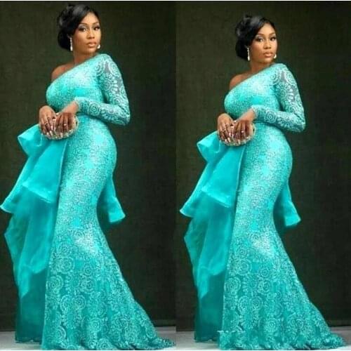 Robe de soiree Aqua Blue Evening Dresses abendkleider Modest Formal Dresses Lace Mermaid Long Evening Gowns Elegant Custom Made